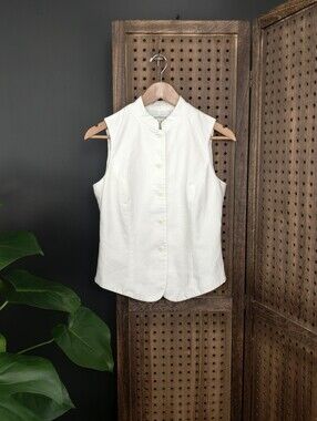 Ann Taylor Sleeveless Button-Front White Sleeveless Vest with Band Collar